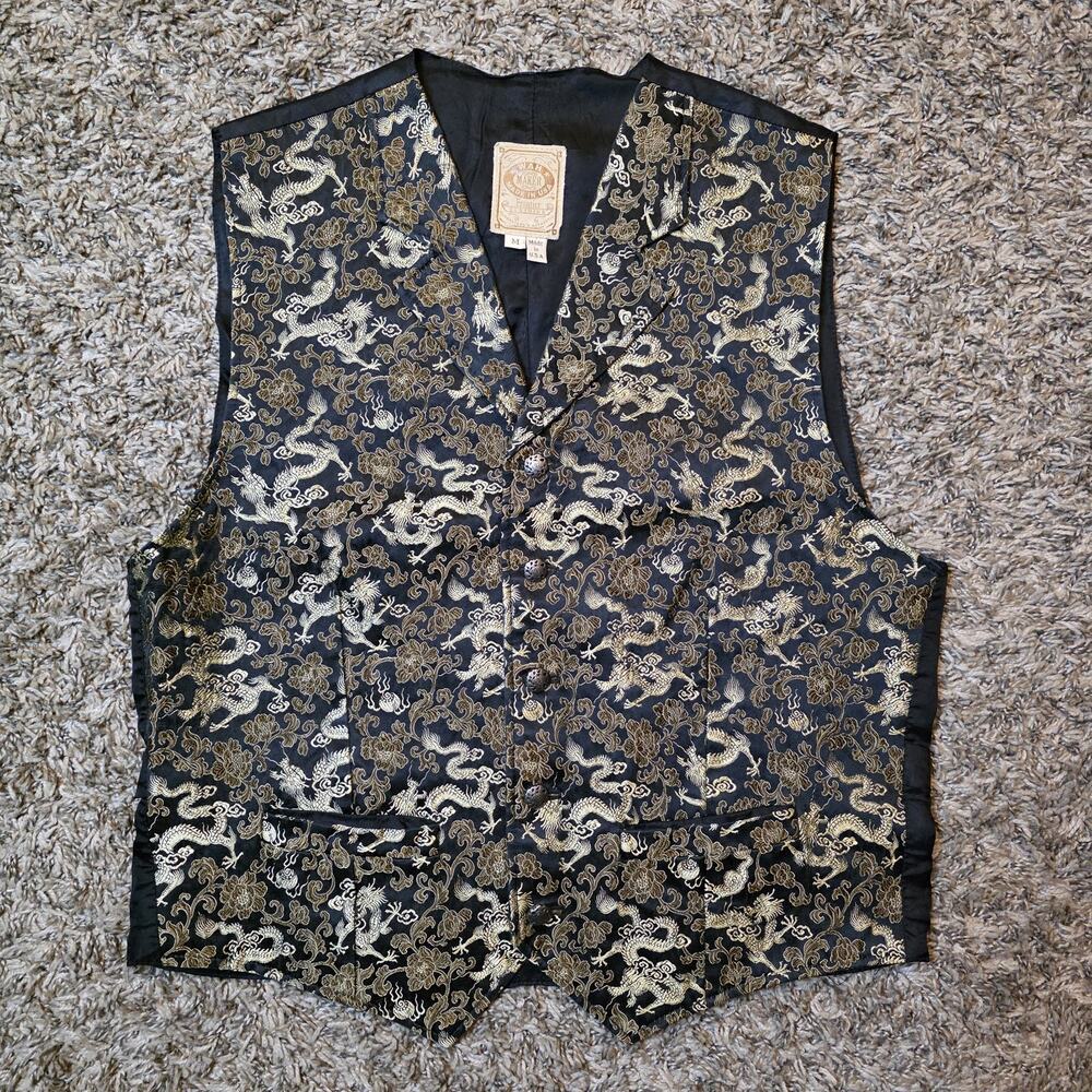 VTG Mens Wah Maker Vest Classic Gold Dragon Sz Medium Made In USA Button Up